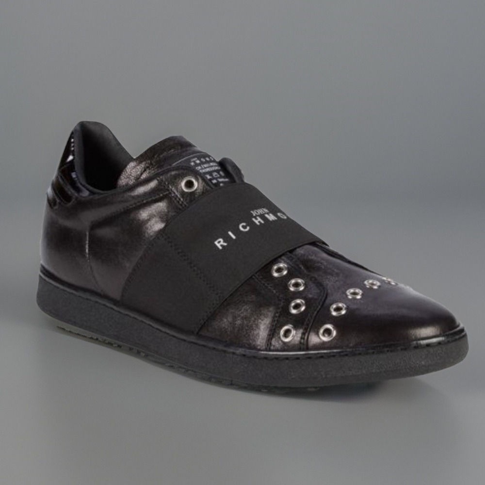 John Richmond Grunge 5809 Blk Leather Grommet Slip On Sneakers Rock N Roll 42.5